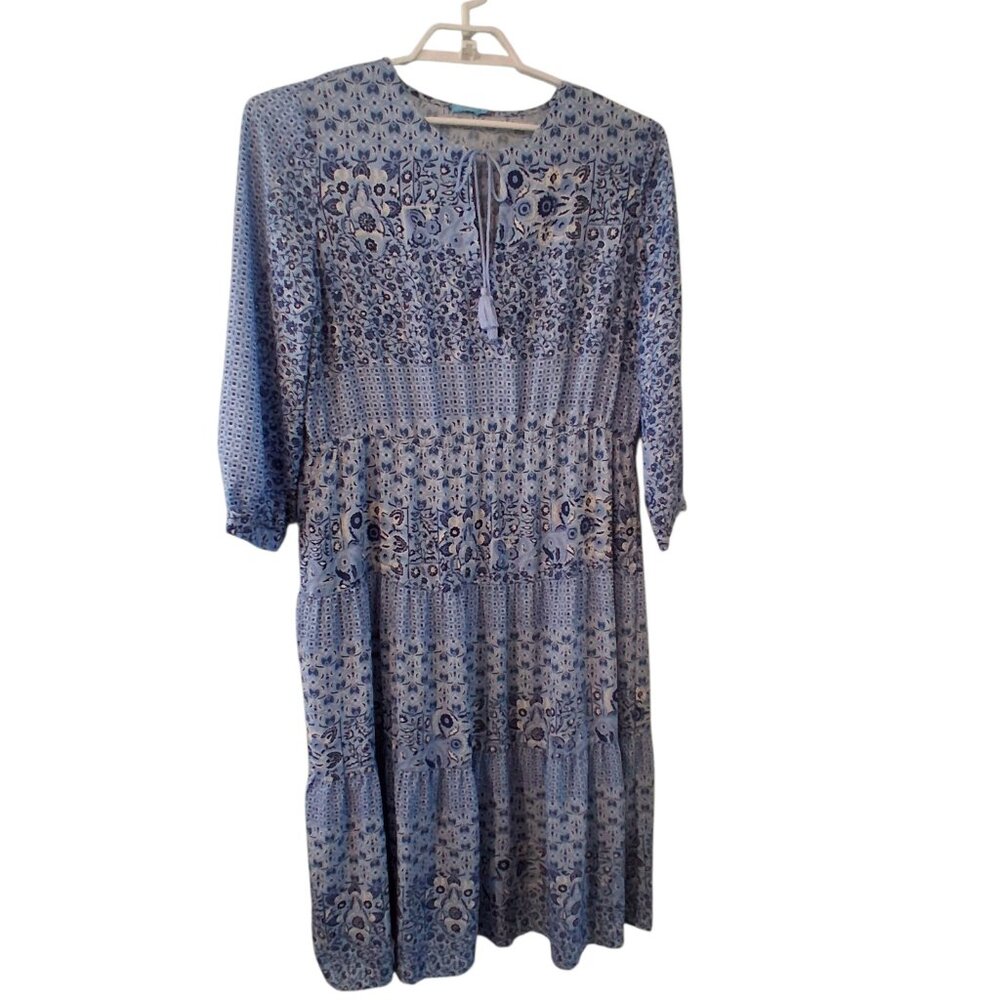 J McLaughlin Blue Hortense Dress womens XL midi pockets tassels 3/4 sleeves
